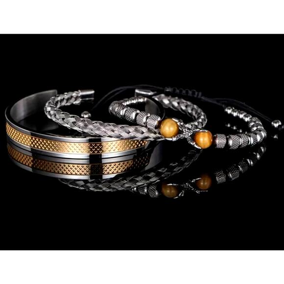 Unisex 3 pc SS Symmetrical Claw Bracelet Set Beaded Golden - Picture 2 of 5